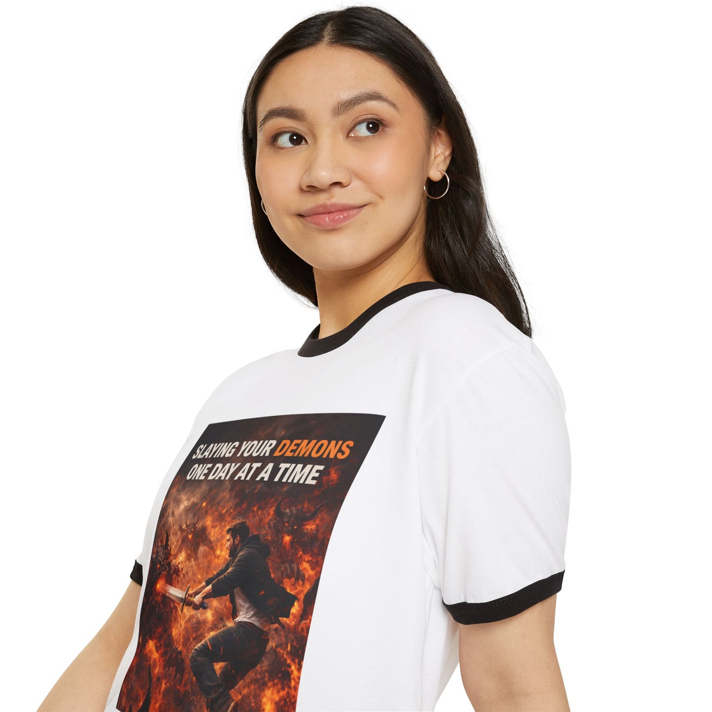 Ringer T-Shirt — "Slaying Your Demons One Day at a Time" Motivational Graphic