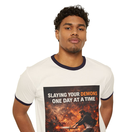 Ringer T-Shirt — "Slaying Your Demons One Day at a Time" Motivational Graphic