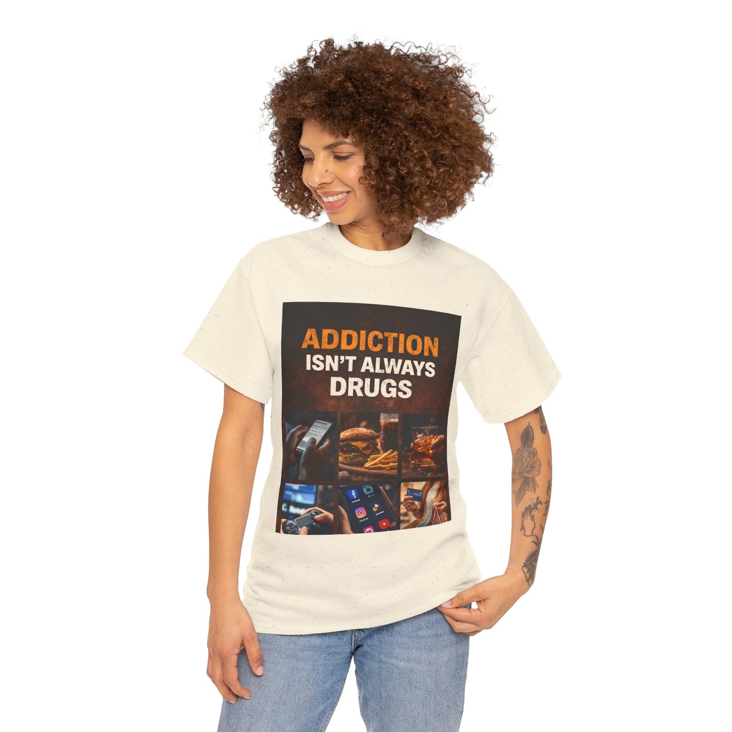 T-Shirt — "Addiction Isn't Always Drugs" Awareness Tee (Food, Phone & Tech Addiction Design)