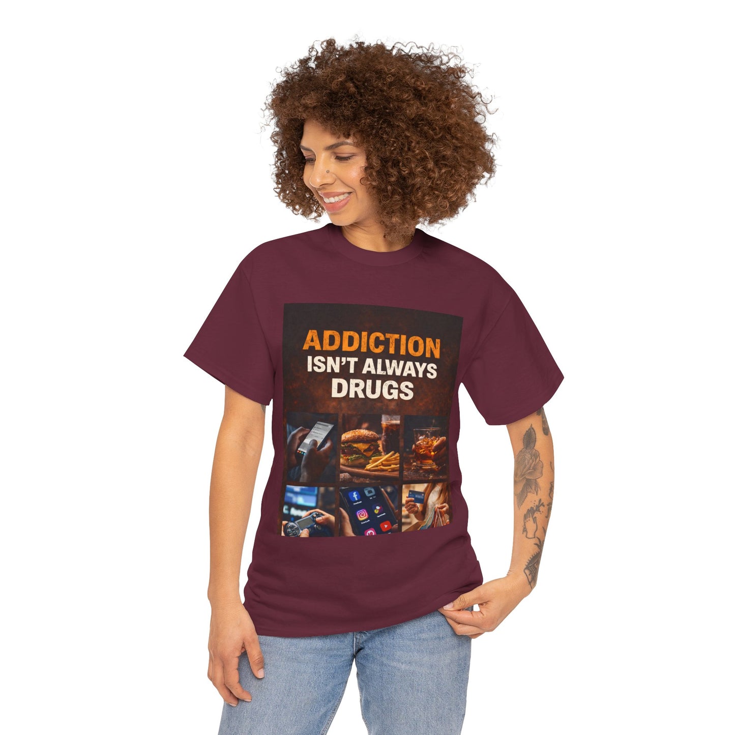 T-Shirt — "Addiction Isn't Always Drugs" Awareness Tee (Food, Phone & Tech Addiction Design)